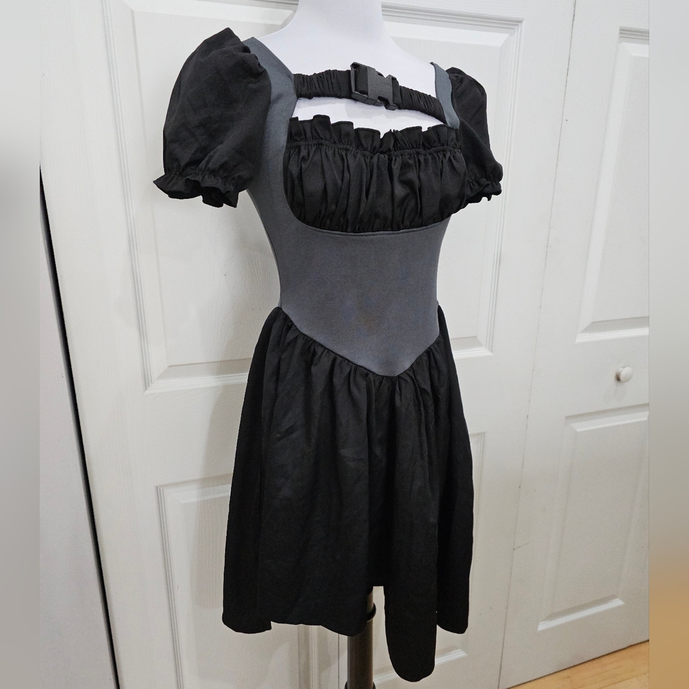 Dolls Kill Zemeta Lock Me Up Asymmetrical Hem Buckle Strap Black Gray Dress S - Picture 2 of 10